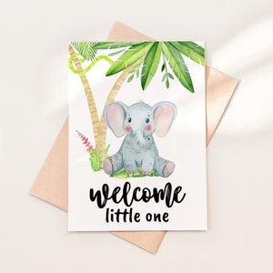 Download do cartão de boas-vindas do bebê elefante, pequeno, modelo de cartão de parabéns do chá de bebê na selva em PDF, cartão de parabéns do Baby Safari, 07-3
