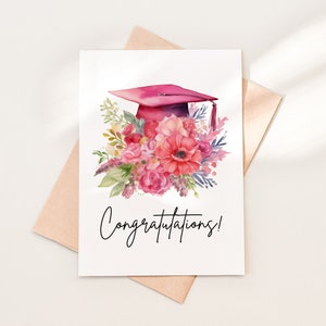 Descarga de tarjeta de felicitación floral de gorra de graduación rosa brillante, tarjeta de felicitación de gorra de graduación imprimible para ella, descarga instantánea PDF, 01-8