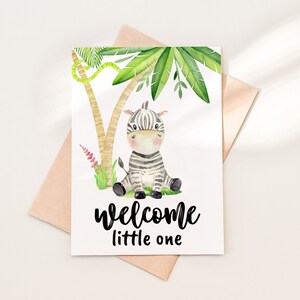 Baby Zebra Welcome Little One Card Download, modello stampabile di biglietto di congratulazioni per Baby Safari, biglietto di benvenuto Baby Jungle PDF, 07-1
