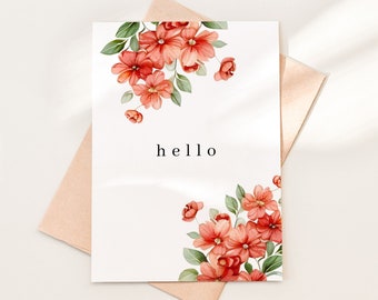 Hello Floral Greeting Card Download PDF, Printable Just Because Card Download, Floral Hello Card Template, Instant Download, 05-5