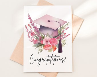 Pink Graduation Cap Floral Congratulations Card Download PDF, Printable Congrats Grad Card, Grad Card for Her, Instant Download, 01-6