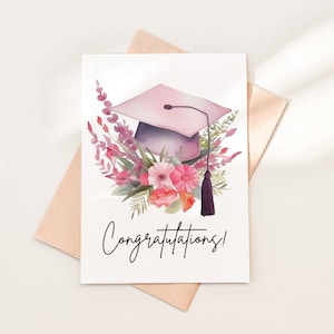 Tarjeta de felicitación floral con gorro de graduación rosa Descargar PDF, Tarjeta de graduación de felicitaciones imprimible, Tarjeta de graduación para ella, Descarga instantánea, 01-6