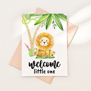 Baby Löwe Willkommen Little One Card Download, druckbare Baby Safari Glückwunschkarten Vorlage, Willkommen Baby Dschungel Card PDF, 07