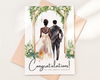 May include: A wedding card with a watercolor illustration of a couple standing under a floral archway. The text reads "Congratulations! To the happy couple."