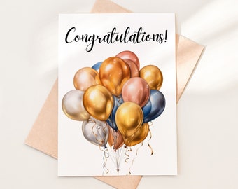 Congratulations Card Download Template, Printable Congrats Greeting Card Download, Balloons Congratulations Card, Instant Download, 15