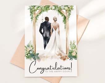 May include: A watercolor illustration of a wedding card with a couple standing under a floral archway. The text reads "Congratulations! To the happy couple."