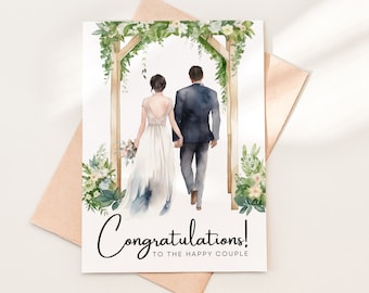 May include: A watercolor illustration of a wedding card with a couple walking away from a floral arch. The card says "Congratulations! To the happy couple".