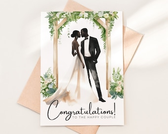 May include: A wedding card with a watercolor illustration of a Black couple kissing under a floral arch. The text reads "Congratulations! To the happy couple."