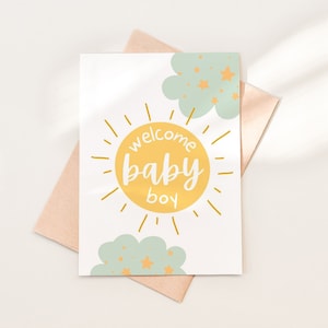 Willkommen Baby Boy Shower Card Download, Grün Gelb Sonne Wolken Baby Card Template, Printable Baby Boy Herzlichen Glückwunsch Card Download, 05.02