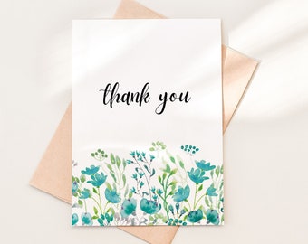 Blue Green Floral Thank You Card Download, Printable Thank You Note PDF, DIY Thank You Card Printable, Instant Download, 10