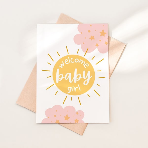 Welcome Baby Girl Greeting Card Download, Congratulations Baby Girl Card Download, Printable Welcome Baby Card, Instant Download PDF, 02-4