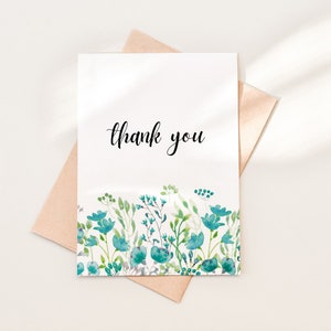 Blue Green Floral Thank You Card Download, Printable Thank You Note PDF, DIY Thank You Card Printable, Instant Download, 10