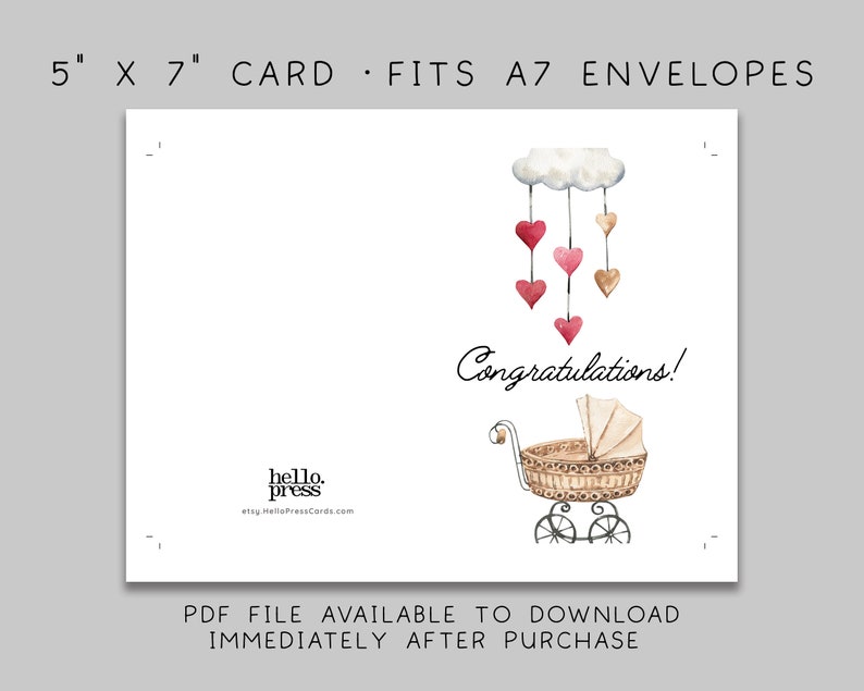 Congratulations Baby Shower Card Download, Printable New Baby Girl Card Template, Welcome Baby Girl Congrats Card Download PDF, 08-2 image 2