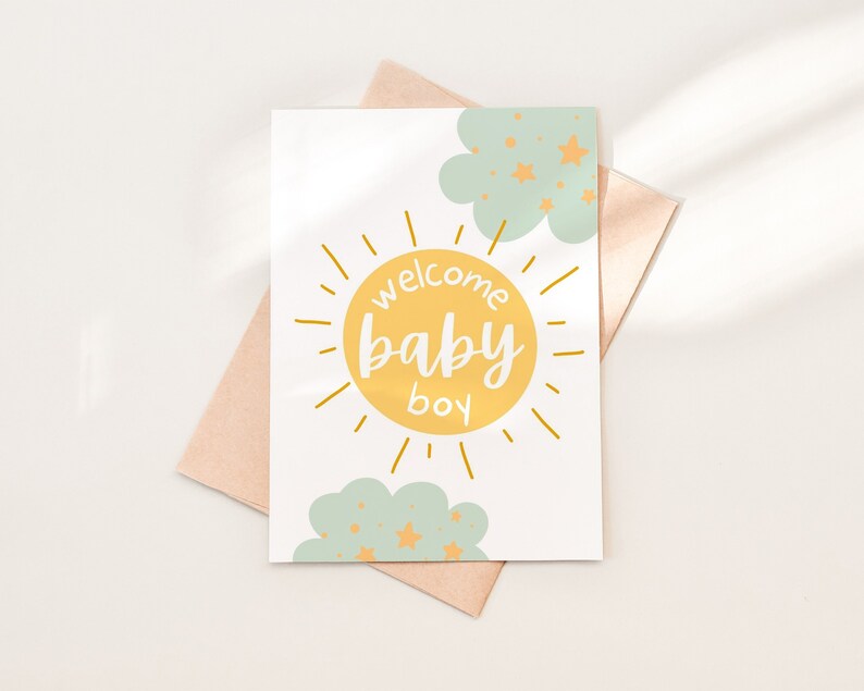 Welcome Baby Boy Shower Card Download, Green Yellow Sun Clouds Baby Card Template, Printable Baby Boy Congratulations Card Download, 02-5 image 1
