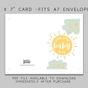 Welcome Baby Boy Shower Card Download, Green Yellow Sun Clouds Baby Card Template, Printable Baby Boy Congratulations Card Download, 02-5 image 2