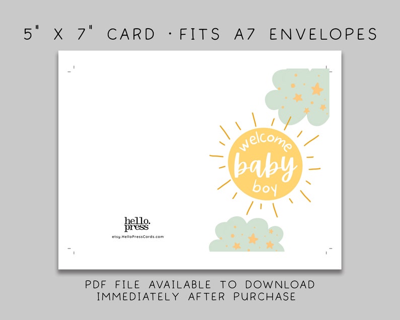 Welcome Baby Boy Shower Card Download, Green Yellow Sun Clouds Baby Card Template, Printable Baby Boy Congratulations Card Download, 02-5 image 2