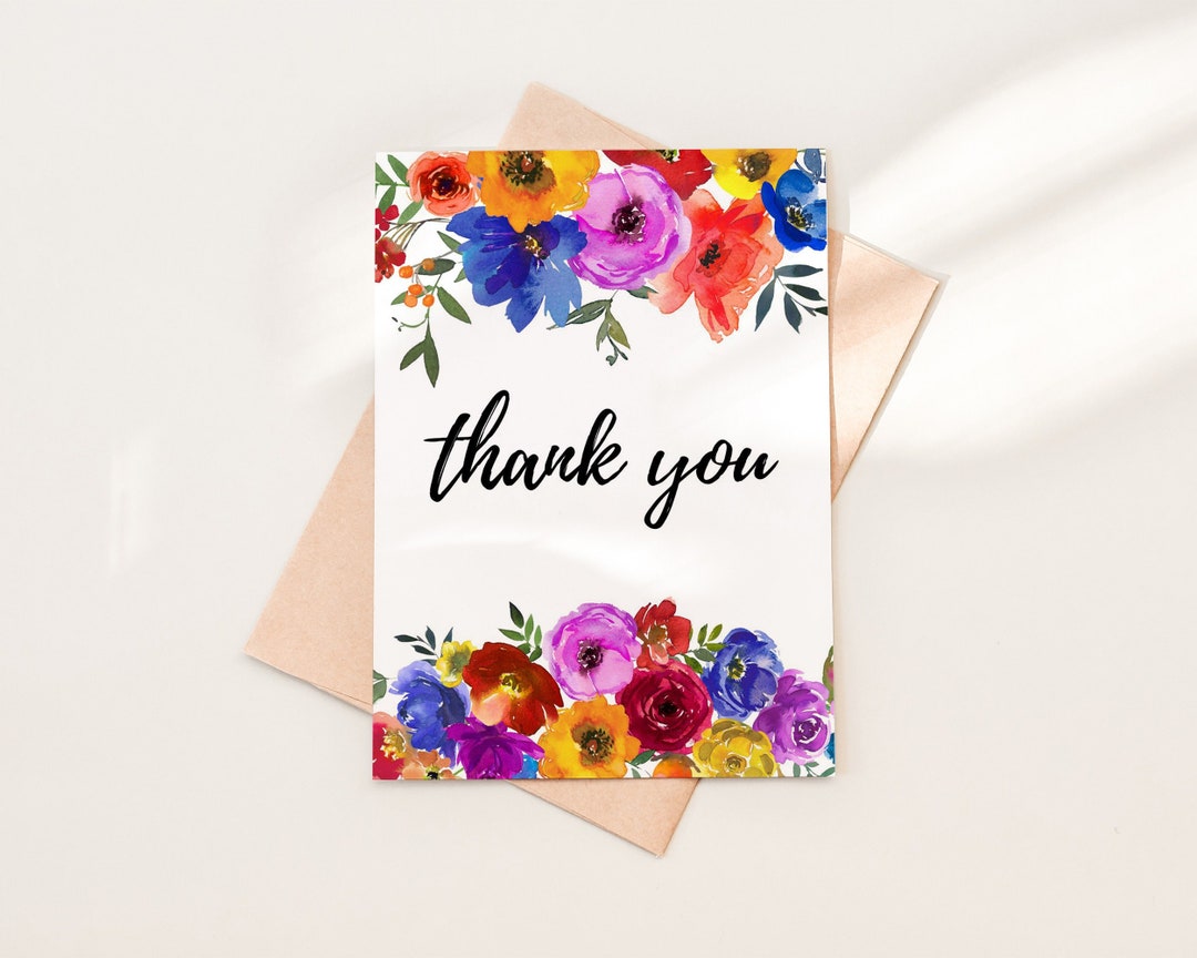 Bright Colorful Flowers Thank You Card Template Download - Etsy