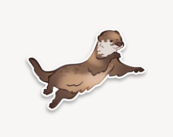May include: A brown and white otter with a spotted pattern is leaping through the air with its paws outstretched. The otter has a white patch on its chest and a playful expression on its face.