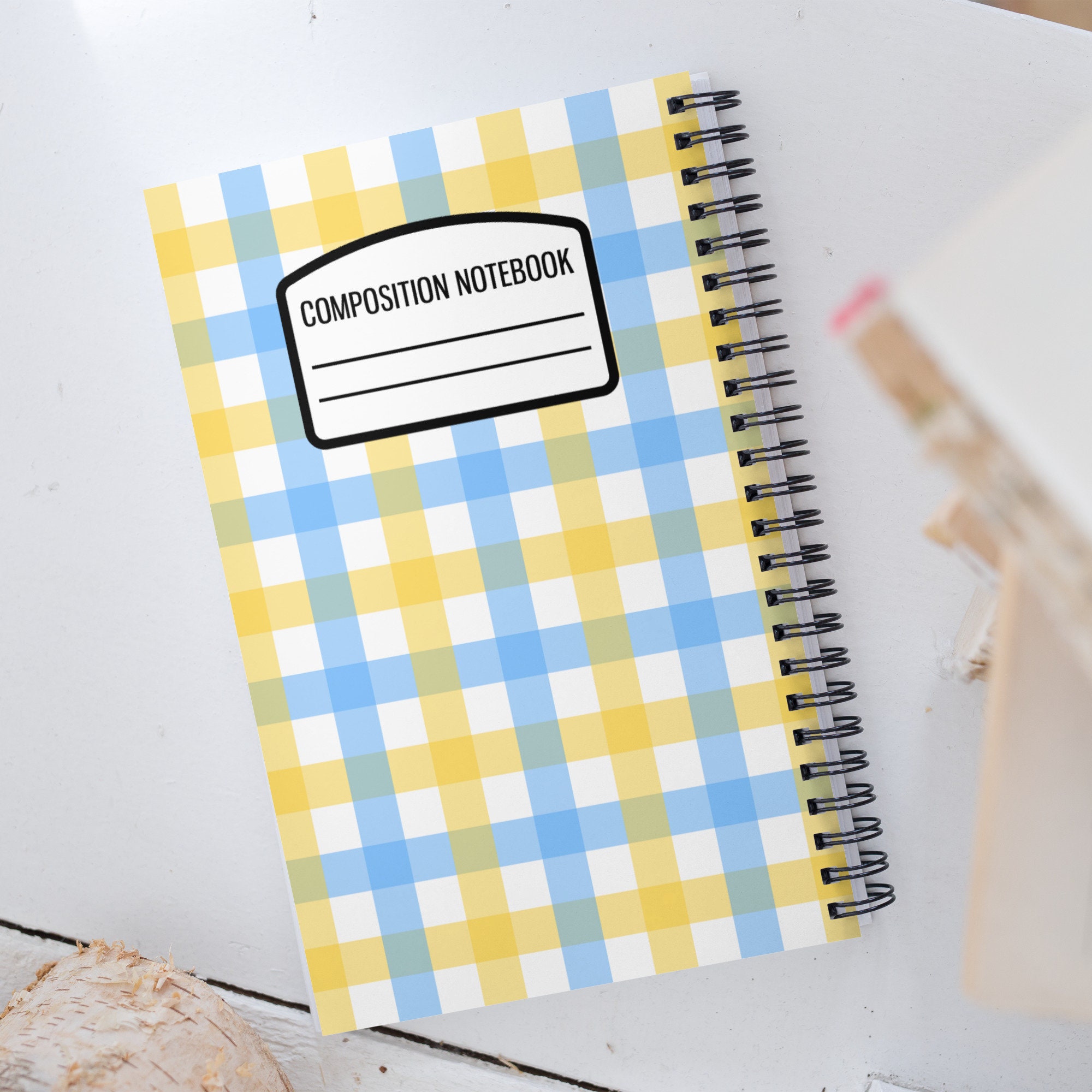 Left Handed Spiral Notebook in Yellow and Blue Plaid Great Gift for