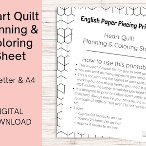 May include: Printable heart quilt planning and coloring sheet. This digital download includes instructions for using the printable on letter-sized paper (8.5 x 11 inches).