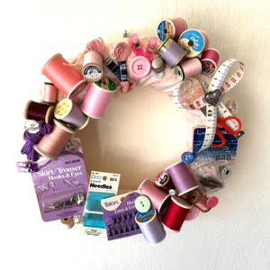 12&quot; Vintage Sewing Wreath in Pink and Purple - Perfect Gift for Quilters, Sewists,  Sewers & Sewing and Quilting Enthusiasts