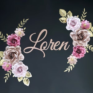Blush Pink Bulberry Paper Flowers Wall Decor for nursery with Gold, Green or Pink leaves. Baby Girl Paper Flowers Wall Decor for nursery.