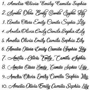May include: A list of eleven different fonts, each displaying the names Amelia, Olivia, Emily, Camila, Sophia, and Lily. The fonts are numbered 1 through 11.
