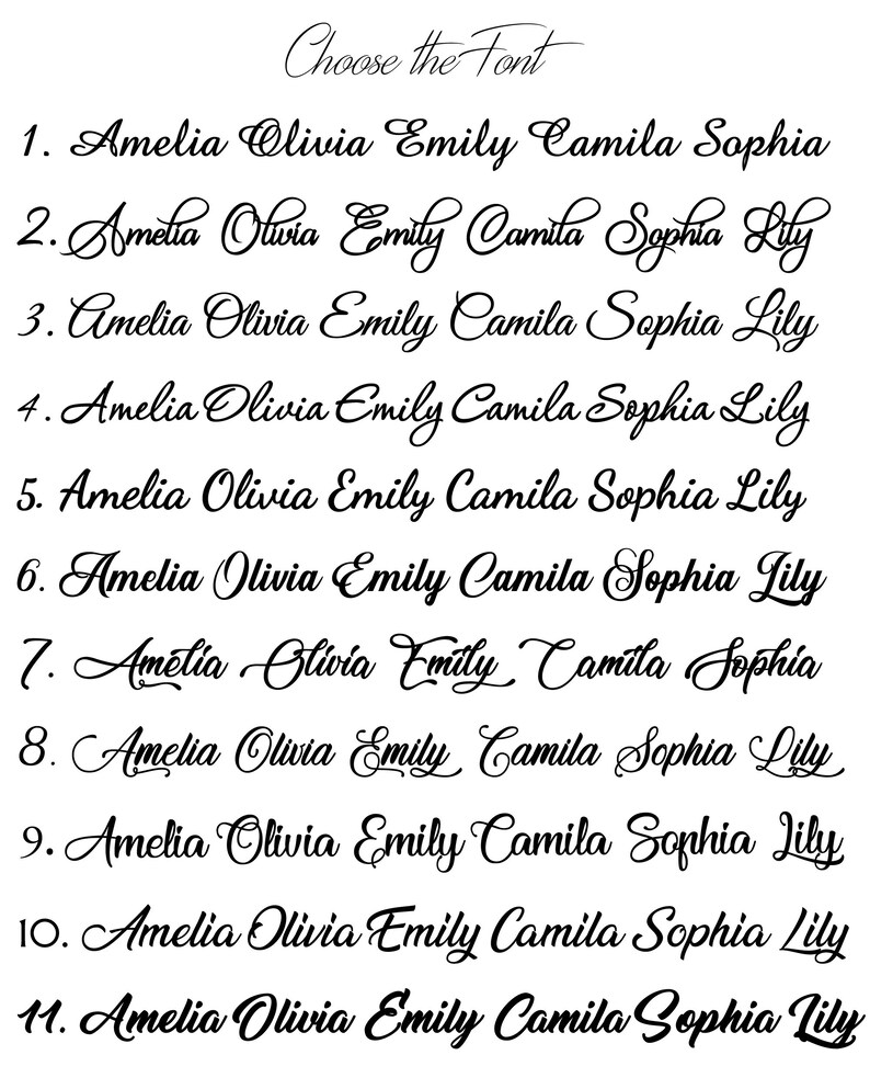 May include: A list of eleven different fonts, each displaying the names Amelia, Olivia, Emily, Camila, Sophia, and Lily. The fonts are numbered 1 through 11.