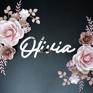 Blush Pink Paper Flower Nursery Decor with Acrylic Name Sign