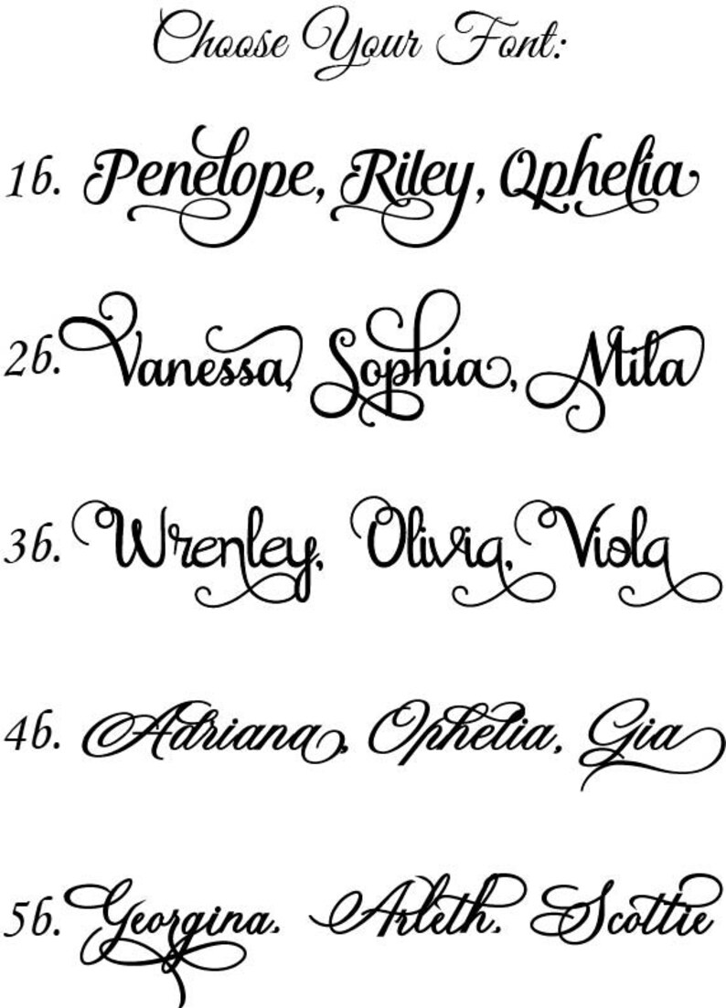 May include: A black and white image showing five different font styles for names. The font styles are labeled with numbers 16, 26, 36, 46, and 56. The text "Choose Your Font" is at the top of the image.
