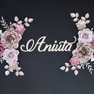 Paper Flowers art for nursery wall decor. Pink and Rose Gold shades of paper flowers with 2 different options: with Green or Pink leaves.