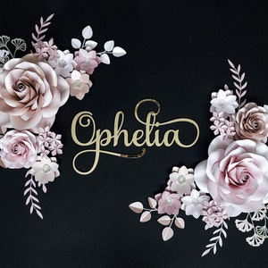 Große Papierblume Wandkunst: Kinderzimmer Dekor mit Gold Spiegel Namensschild