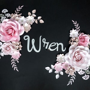 Paper Flowers nursery wall art with Acrylic Silver name sign decor / Customized Paper flowers / Paper flowers over the crib