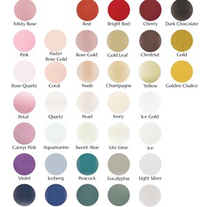 May include: Color chart showing 24 different colors of pearl paper. The colors are arranged in rows and columns, with the names of each color printed below the corresponding color swatch.