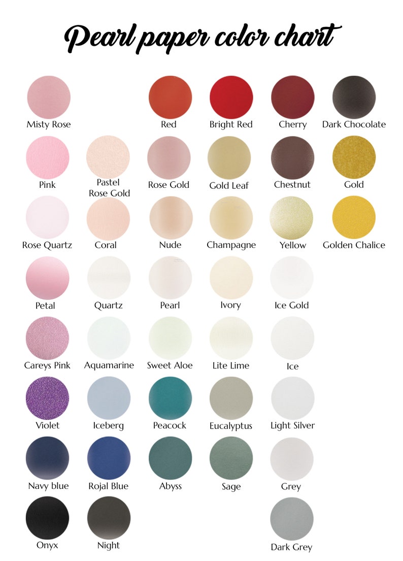May include: Color chart showing 24 different colors of pearl paper. The colors are arranged in rows and columns, with the names of each color printed below the corresponding color swatch.