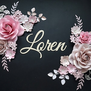 Large Paper Flower Wall Decor: Pink Roses, Nursery Name Sign