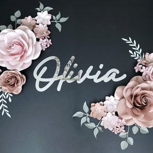 Papierblumen Wanddeko: Silber Namensschild, Kinderzimmer Deko