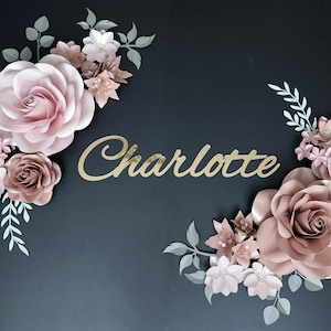 Paper Flower Nursery Decor: Gold Mirror Name Sign, Blush Rose Quartz