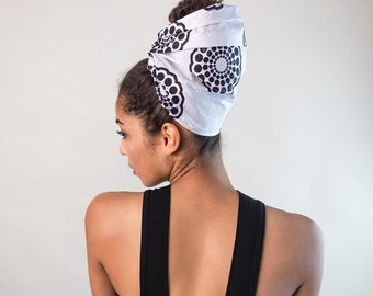 CURLY'N'COVERED African Headwrap 30x85 Seersucker | Headband 100% cotton | Headtie black white | Hair accessory summer vacation