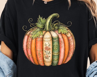Bookish Pumpkin Shirt, Halloween Book Lover Tee, Vintage Pumpkin Books Shirt, Fall Reading Shirt, Librarian Teacher Halloween Gift