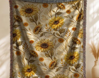 Boho Sunflower Tapestry Blanket, Celestial Woven Throw with Fringe Edges, Starry Night Galaxy Decor, Christmas Gift for Cottage