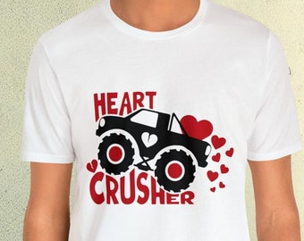Valentines Day Shirt for Boy, Youth, Heart Crusher Shirt, Toddler Boys Valentine T-Shirt, Monster Truck Youth Raglan, Valentine Baby Onesie