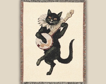 Vintage Black Cat Blanket, Banjo Cat Throw Blanket, Victorian Cat Art Blanket, Music Lover Gift, Cottagecore Cat Home Decor