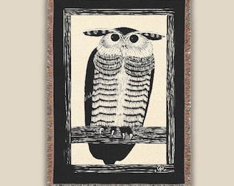 Owl Sherpa Blanket, Vintage Horned Owl Art Throw, Black and White Bird Decor, Woodland Gift