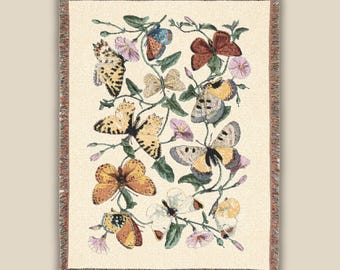 Butterfly Blanket, Colorful Botanical Sherpa Throw, Vintage Butterfly & Moth Art, Cottagecore Garden Decor