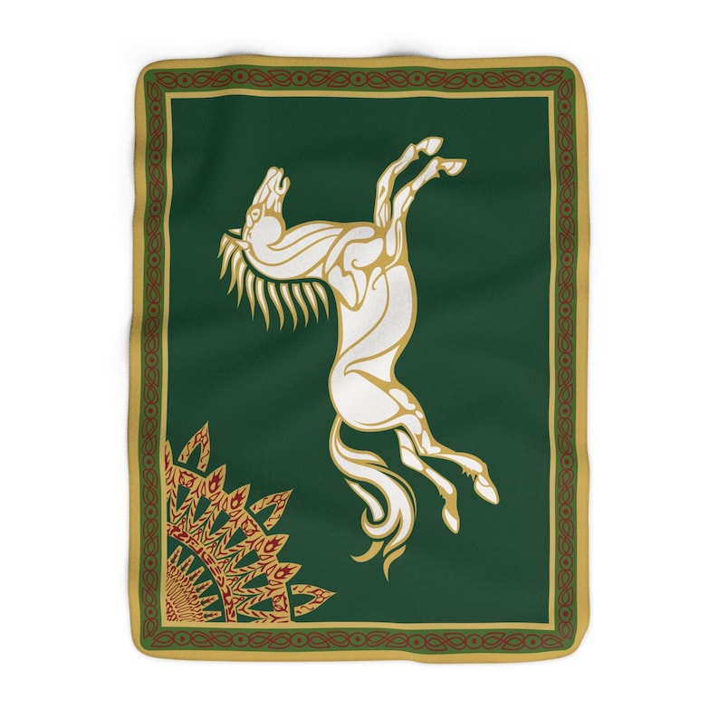 May include: A green and gold tapestry with a white stylized horse design. The horse is rearing up on its hind legs with its head thrown back. The tapestry has a red and gold border.