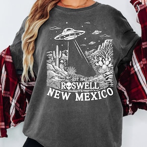 Comfort Colors UFO Roswel Mexico Shirt, Linocut Alien Abduction Tee, Sci-Fi Mountain Celestial Graphic
