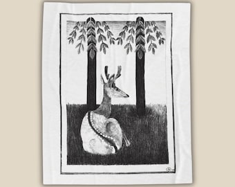 Vintage Deer Sherpa Blanket, Woodland Throw Blanket, Rustic Forest Decor, Cottagecore Plush Blanket, Christmas Gift