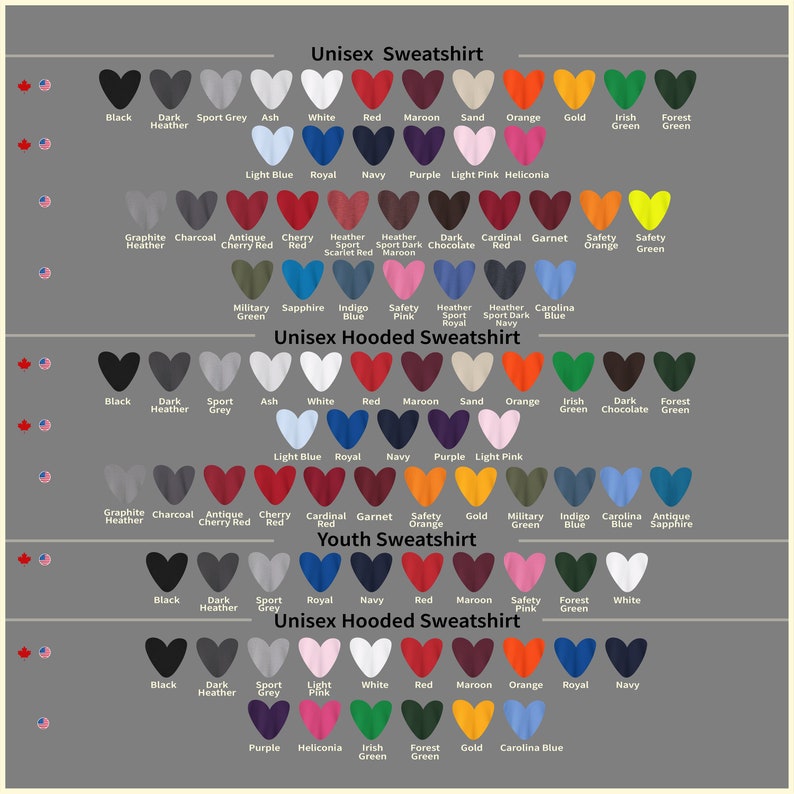 May include: A color chart for unisex sweatshirts, hooded sweatshirts, and youth sweatshirts. The chart displays a variety of colors, including black, red, and blue, with text labels for each color option. The image is designed to showcase the available color choices for apparel.