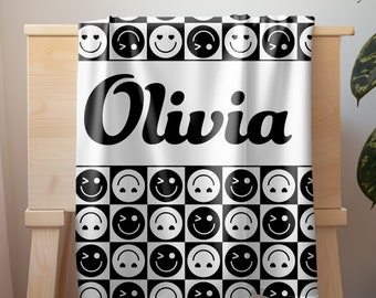 Personalized Happy Face Blanket: Vintage Rustic Style, Custom Name Gift